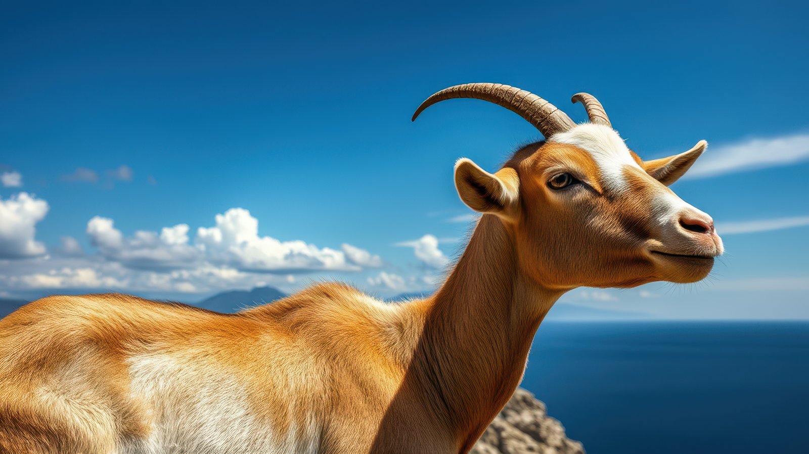 Goat standing on a rocky cliff overlooking a tranquil blue sea under a clear sky